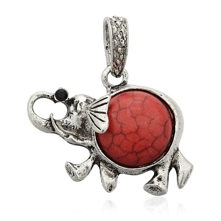 Elephant Antique Silver Plated Alloy Dyed Synthetic Turquoise Pendants PALLOY-J631-02AS-1