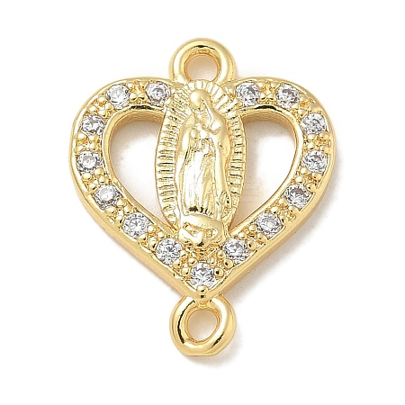 Rack Plating Brass Micro Pave Clear Cubic Zirconia Religion Heart Virgin Mary Connector Charms KK-L224-099G-03-1