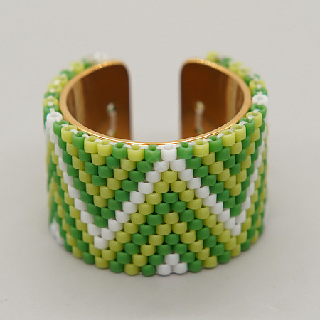 Adjustable Bohemian Style 304 Stainless Steel and Glass Seed Beads Cuff Rings FS-WG09053-09-1