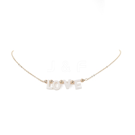 Natural Shell Word Love Pendant Necklace with Golden Brass Cable Chains for Mother's Day NJEW-JN04151-03-1