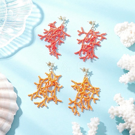 Star with Coral Handmade Glass Seed Beads Tassel Stud Earrings EJEW-MZ00472-1