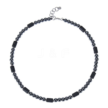 6MM Round Synthetic Non-magnetic Hematite and Column Natural Lava Rock Beaded Necklaces for Women Men LV4865-5-1