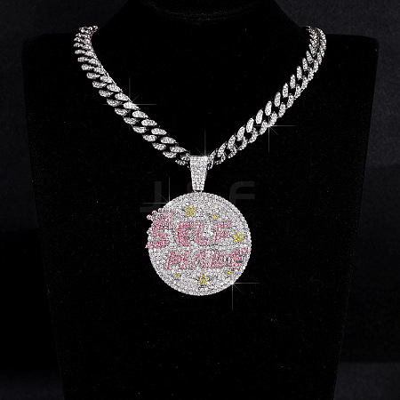 Hip-Hop Alloy Full Crystal and Rose Rhinestone Self Made Medal Pendant Cuban Link Chain Necklaces for Men Women FS-WG8D003-03-1