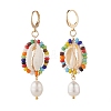 Natural Shell and Pearl Wrapped Dangle Hoop Earrings EJEW-TA00049-4