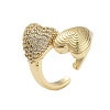 Rack Plating Heart Brass Micro Pave Cubic Zirconia Open Cuff Rings for Women RJEW-B064-08G-1