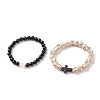 2Pcs 2 Style Natural & Synthetic Mixed Stone Cross Stretch Bracelet Sets with Wood Beaded for Women BJEW-JB08344-4