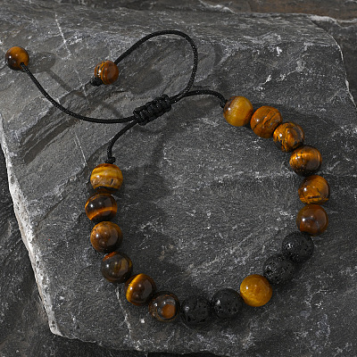 Natural Lave Rock & Tiger Eye Round Beads Braided Bead Bracelets AW3107-2-1