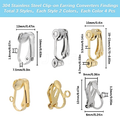 24Pcs 6 Styles 304 Stainless Steel Clip-on Earring Converters Findings STAS-SC0006-79-1