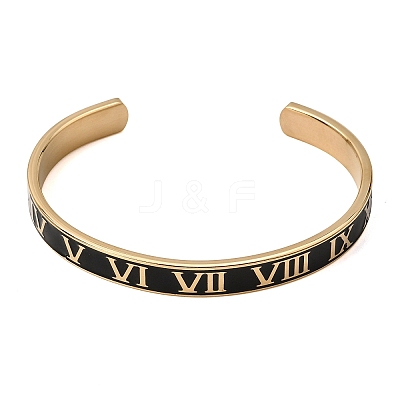 304 Stainless Steel Black Enamel Roman Numerals Open Cuff Bangles for Women SA-CBAC920-14G-1