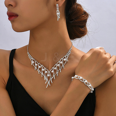 Horse Eye Alloy Crystal Rhinestone & Plastic Pearl Chain Necklaces & Stud Earrings & Bracelets Sets  FS-WG3003B-01-1