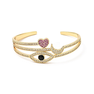 Cubic Zirconia Horse Eye & Heart & Moon Open Cuff Bangle BJEW-J165-15G-1