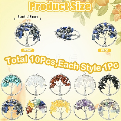 10Pcs 10 Styles Chakra Natural Mixed Stone Tree fo Life Pendants G-YW0002-31-1