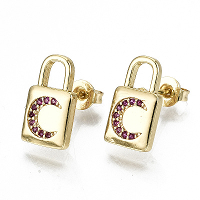 Brass Micro Pave Cubic Zirconia Padlock Stud Earrings EJEW-N011-27-NF-1