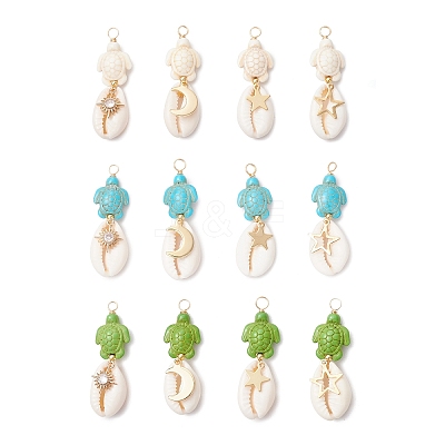 12Pcs 12 Styles Natural Cowrie Shell & Dyed Synthetic Turquoise Turtle Copper Wire Wrapped Pendants PALLOY-JF04035-1
