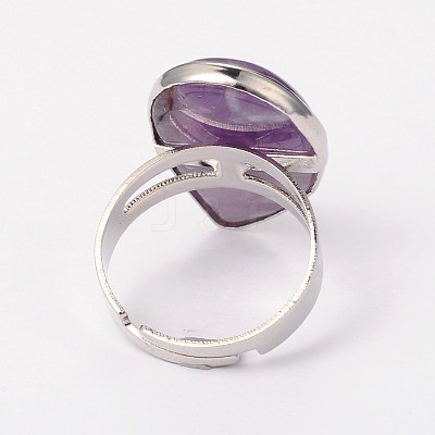 Adjustable Natural Amethyst & Platinum Brass Rings RJEW-N024-02G-1