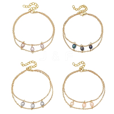Brass Cable Chains & Rice Natural Cultured Freshwater Pearl Double Layers Bracelets for Women BJEW-JB14135-1