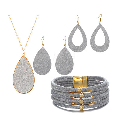 Textured Imitation Leather Teardrop Pendant Necklace & Dangle Earrings & Multi-Strand Bracelet JX529F-1