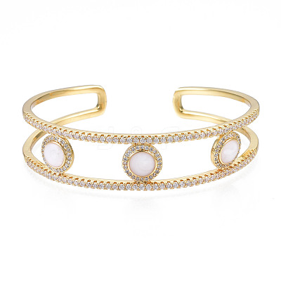 Enamel Flat Round Open Cuff Bangle with Clear Cubic Zirconia BJEW-N012-026-1