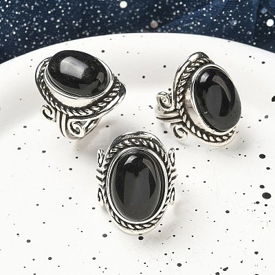 Natural Obsidian Adjustable Rings RJEW-I108-01AS-17-1