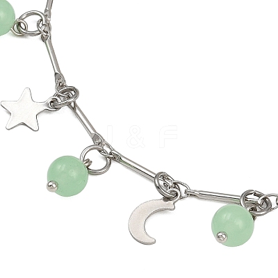 201 Stainless Steel Moon Star & Natural Dyed Malaysia Jade Round Charm Brass Bar Link Chain Anklets AJEW-AN00732-03-1