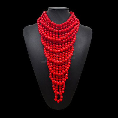 Round Wood Beaded Multi Layered Bib Necklaces for Women FS-WG9E278-03-1