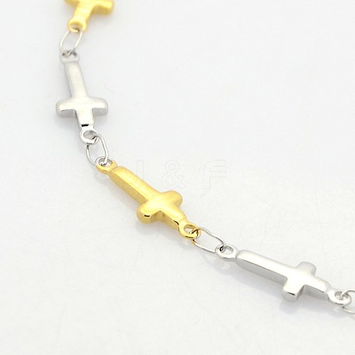 Two Tone Religious Catholic Jewelry 304 Stainless Steel Cross Link Chain Bracelets STAS-O036-09M-1