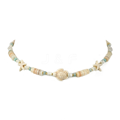 Ocean Starfish Turtle Dyed Synthetic Turquoise & Natural Amazonite & Rose Quartz & Shell Heishi Beaded Necklaces for Women NJEW-JN06096-1