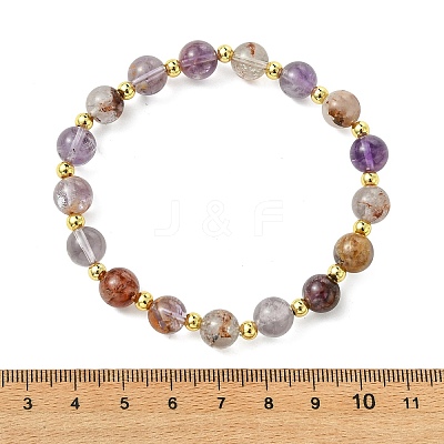 Round Natural Rutilated Quartz & Brass Beaded Stretch Bracelets for Women BJEW-JB14054-1