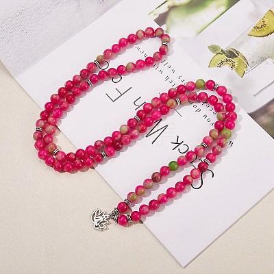 Natural White Jade Round Beaded Wrap Bracelet with Alloy Ohm/Aum Lotus AJEW-PH00503-02-1