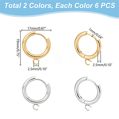 12Pcs 2 Colors 201 Stainless Steel Huggie Hoop Earring Findings STAS-UN0056-80-1