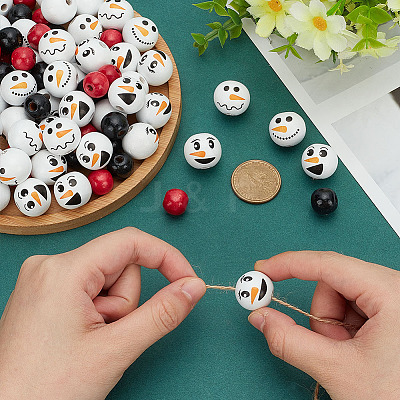 180Pcs 6 Styles Christmas Snowman Print Wood European Beads WOOD-PH0003-03B-1