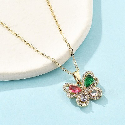 Brass Micro Pave Cubic Zirconia Butterfly Pendant Neckalces for Women NJEW-S448-09G-1