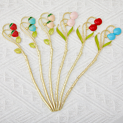 6Pcs 6 Style Strawberry & Cherry Alloy Enamel Hair Sticks OHAR-FH0001-11-1