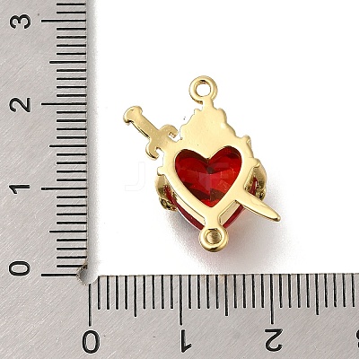 Brass FireBrick Cubic Zirconia Rose Heart with Sword Connector Charms X-KK-R002-27G-01-1