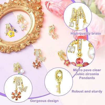 7Pcs 7 Styles Rack Plating Brass Micro Pave Clear Cubic Zirconia Pendants KK-CJ0004-03-1
