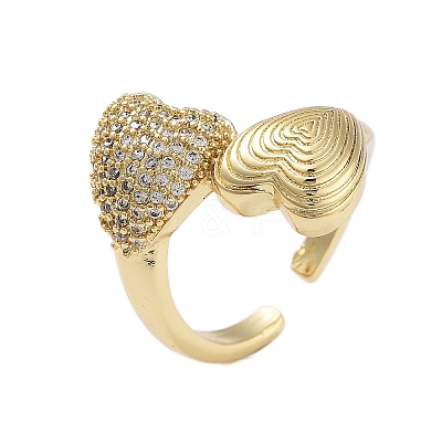 Rack Plating Heart Brass Micro Pave Cubic Zirconia Open Cuff Rings for Women RJEW-B064-08G-1