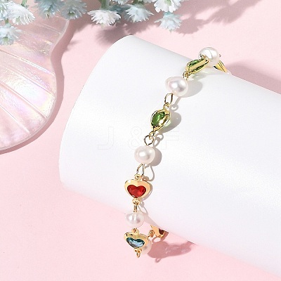Natural Cultured Freshwater Pearl & Brass Glass Link Chains Bracelets for Women BJEW-JB14219-1