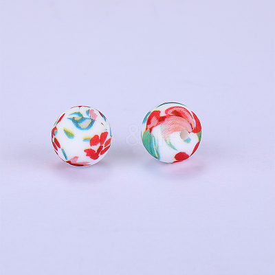 Printed Round with Flower Pattern Silicone Focal Beads SI-JX0056A-162-1