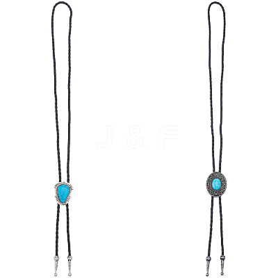 2Pcs 2 Styles Alloy & Synthetic Turquoise Oval Triangle Pendant Boho Tie Lariat Necklaces NJEW-GF0001-18-1