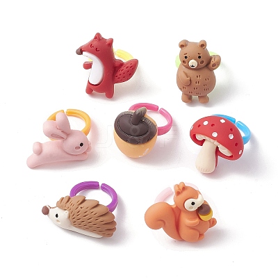 7Pcs 7 Style 3D Animals Resin Open Cuff Rings Set for Kids RJEW-JR00651-1