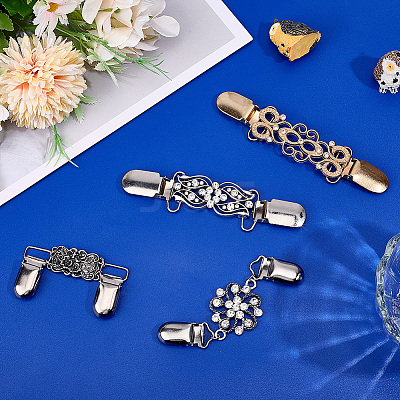 4Pcs 4 Styles Rectangle Zinc Alloy & Iron & Rhinestone Cardigan Clips AJEW-GF0010-43-1