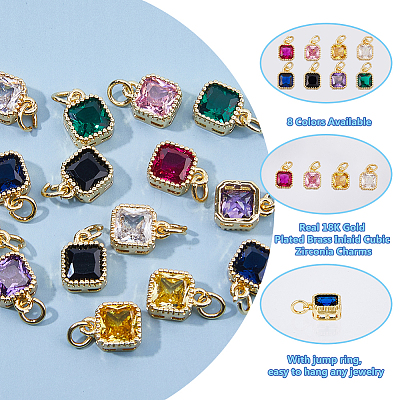 16Pcs 8 Colors Real 18K Gold Plated Brass Inlaid Cubic Zirconia Charms ZIRC-HS0001-05-1