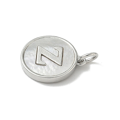 Brass Pave Natural Shell Flat Round with Letter Charms KK-Z115-13P-Z-1