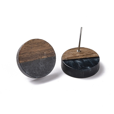 Resin & Walnut Wood Flat Round Stud Earrings with 304 Stainless Steel Pin for Women EJEW-N017-010A-01-1
