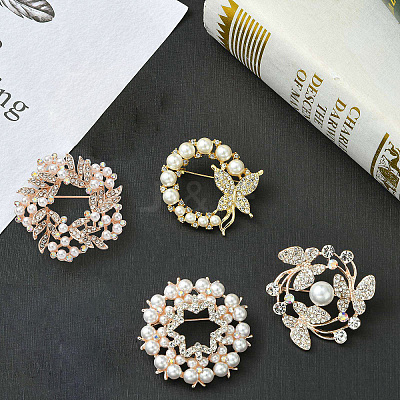 4Pcs 4 Styles Flower & Butterfly Plastic Imitation Pearl Beads Brooch JEWB-CJ0001-29-1