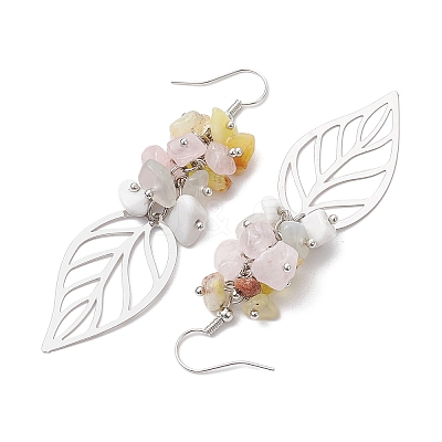 Leaf 201 Stainless Steel Natural Rose Quartz & Natural Howlite & Natural White Moonstone & Natural Yellow Opal Chip Dangle Earrings EJEW-JE06138-01-1