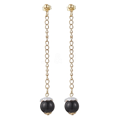 Glass Imitation Pearl Round Tassel Stud Earrings EJEW-JE06453-01-1