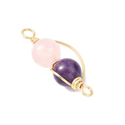 Copper Wire Wrapped Natural Rose Quartz & Amethyst Round Beded Links Connector Charms PALLOY-JF04678-03-1