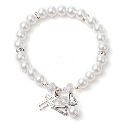 Alloy & Pearlized Glass Pearl Beads Stretch Bracelets for Women BJEW-JB11364-01-1
