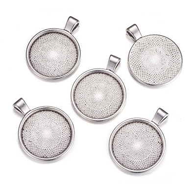 Flat Round Alloy Pendant Cabochon Settings PALLOY-A15654-AS-1